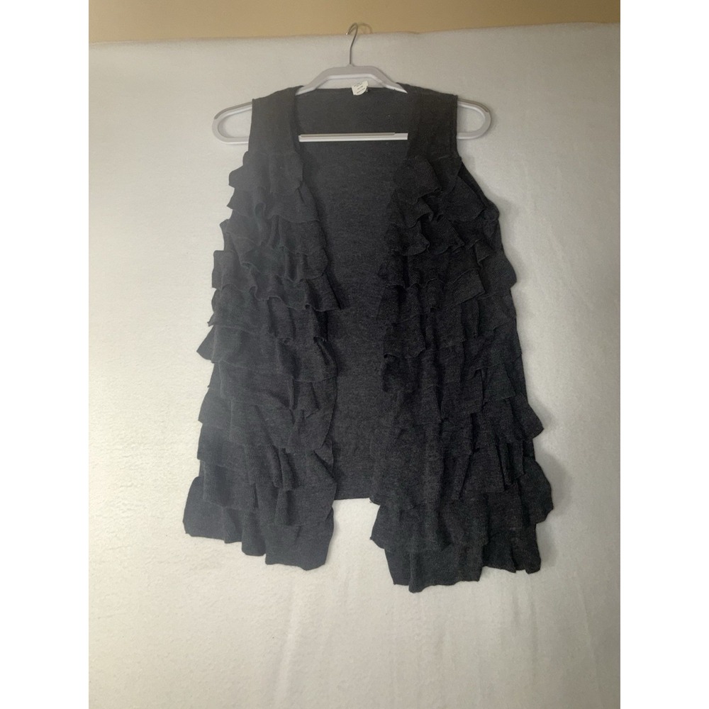 J.Crew‎ Black Knit Vest M Open Front Tiered Ruffle Pima Cotton Wool Blend Duster